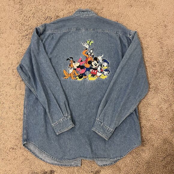 Vintage 90s Disney Store Denim Shirt Mickey Donald Goofy Fab Five L - Picture 1 of 6